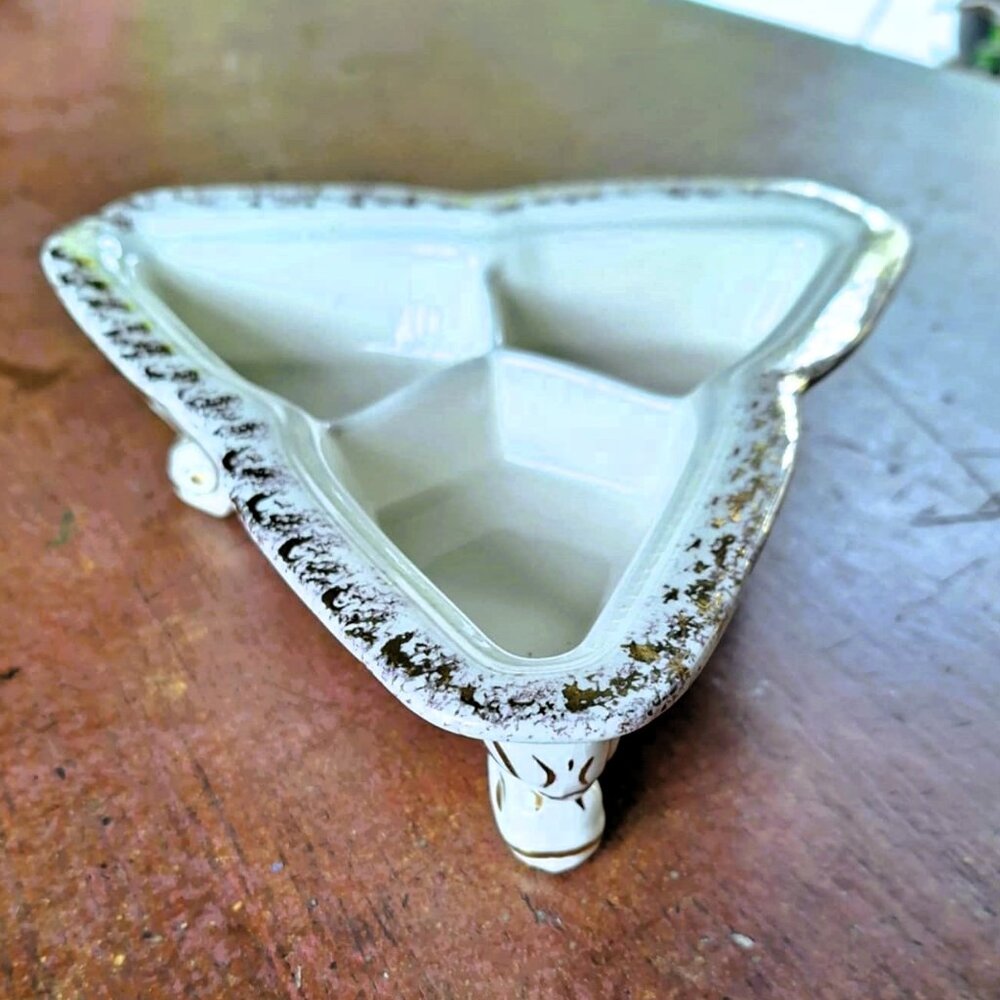 Exquisite Antique 3 Footed Porcelain Triangle Pisarek Serving Dish